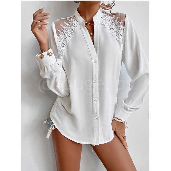 Lace Mesh Embroidery Detail White Button Up Shirt Blouse Long Bishop Sleeve - Picture 7 of 9